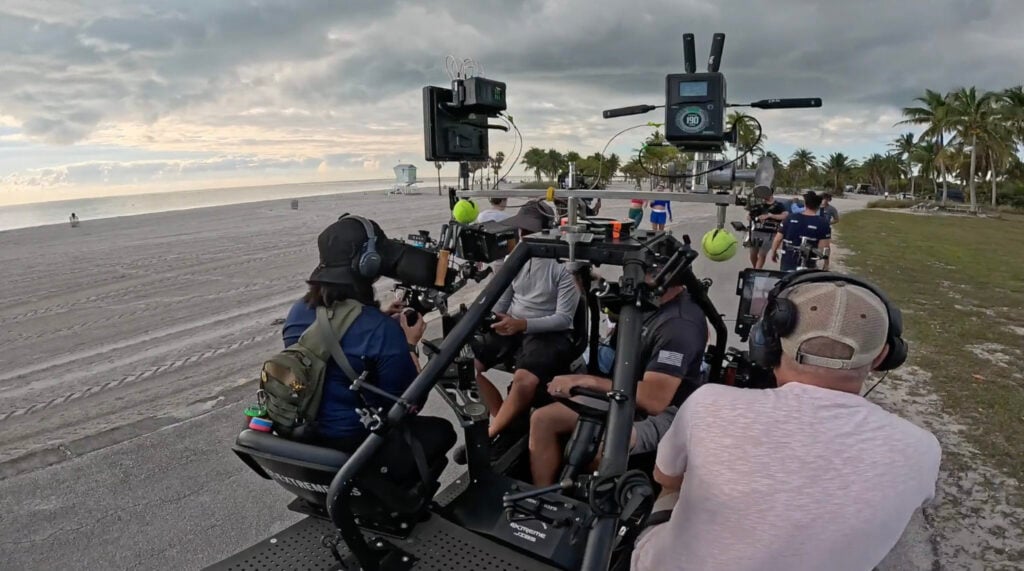 CSP Media Group's behind-the-scenes video of Peloton's scenic content showing Ally and Camila with large crew on vehicle.